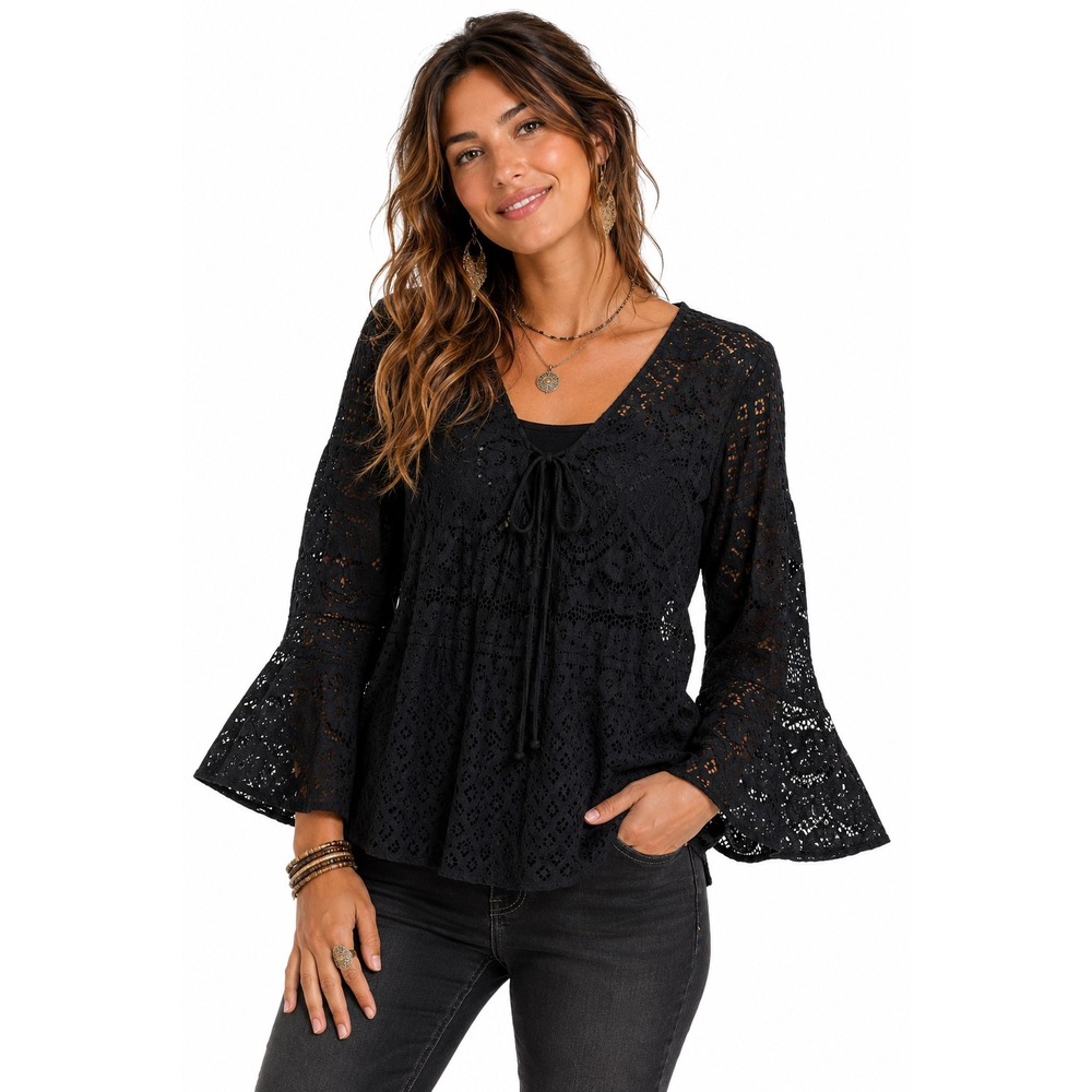 Figueroa & Flower Black Floral Lace Bell Sleeve V-Neck Top‎ L Festival Whimsy